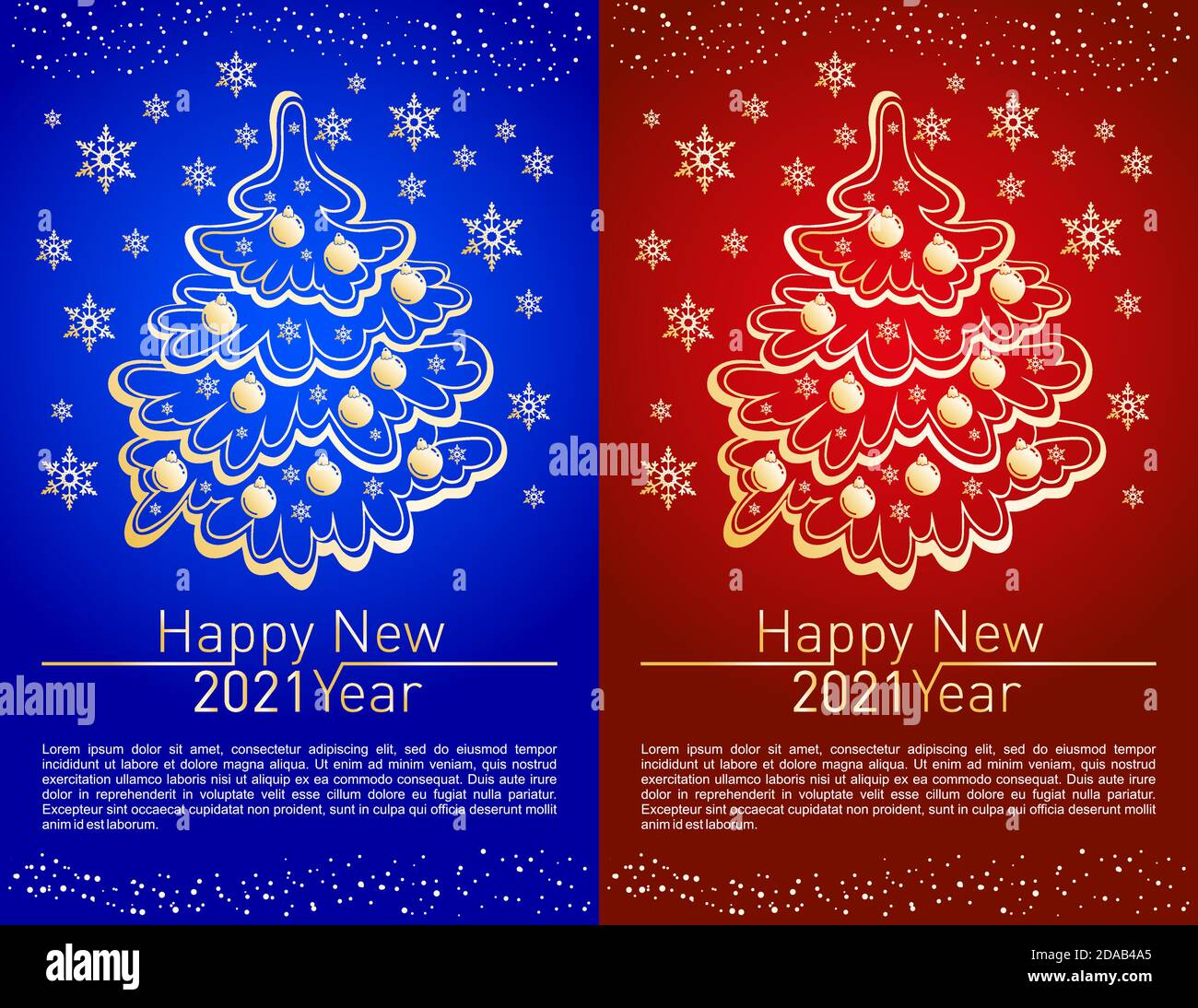 Carte de vœux du nouvel an 2021 avec arbre de Noël stylisé, flocons de neige et décorations sur fond rouge et bleu. Illustration de la ligne d'or du vecteur Illustration de Vecteur
