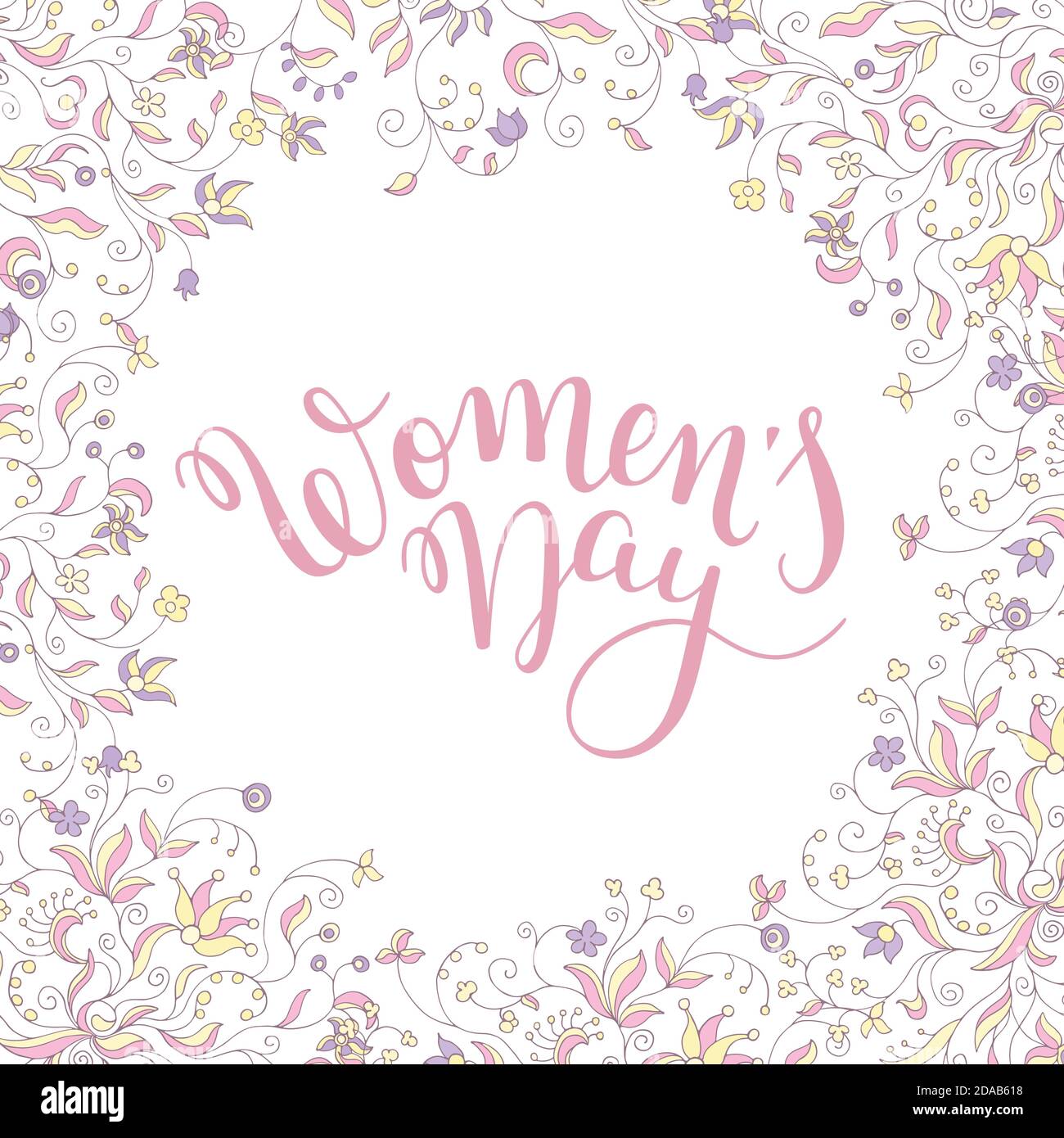 Lettrage à la main pour la Journée des femmes avec des fleurs. Journée internationale de la femme. Modèle de carte de vœux, affiche. Illustration de Vecteur