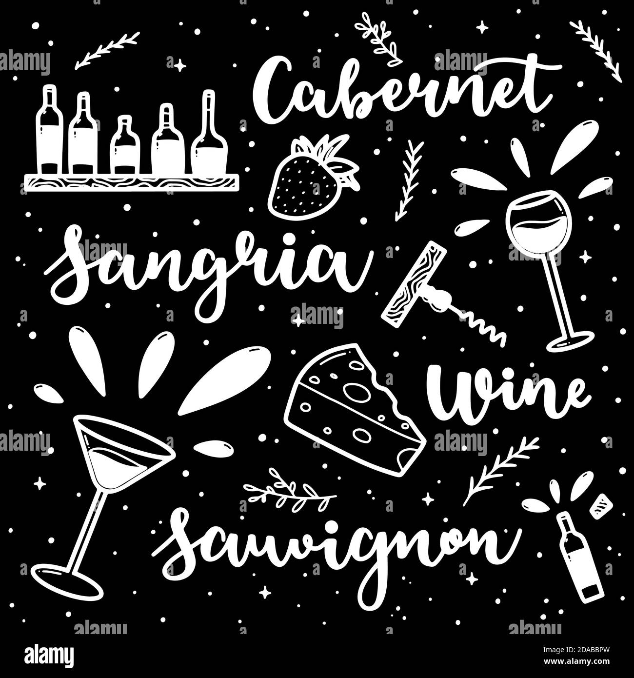 Illustration vectorielle représentant des lettres de vin et des affiches de caniche dessinées à la main. Encre blanche et isolée sur fond noir script calligraphie. Illustration de Vecteur