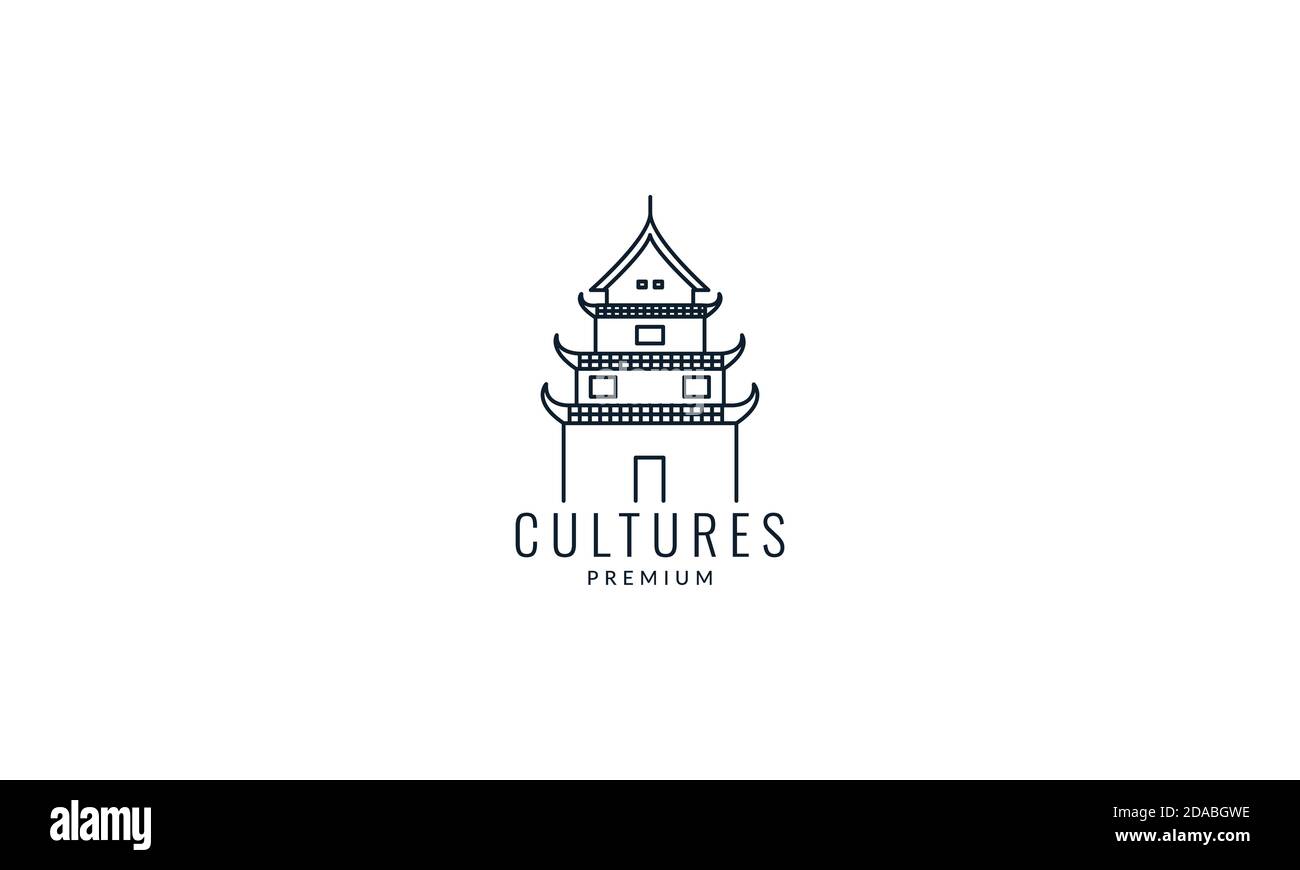 style traditionnel asiatique japonais ou chinois château contour ligne logo vecteur illustration d'icône Illustration de Vecteur
