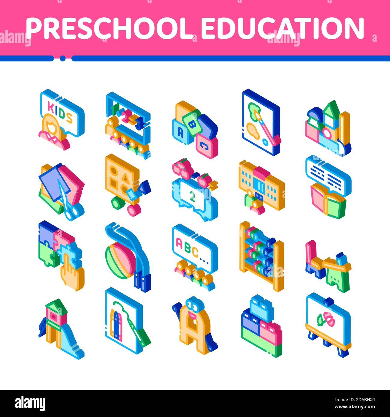 Éducation préscolaire Isométrique icônes Set Vector Illustration de Vecteur