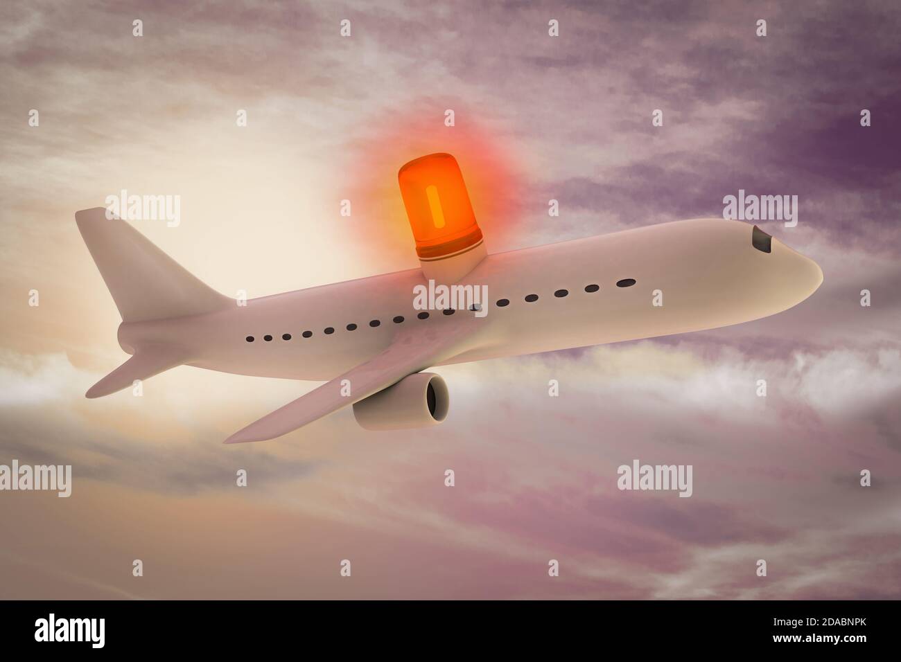 Un avion qui vole au coucher du soleil de couleur magenta avec un voyant d'alarme rouge clignotant sur le dessus. Avertissement CRA. illustration 3d Banque D'Images