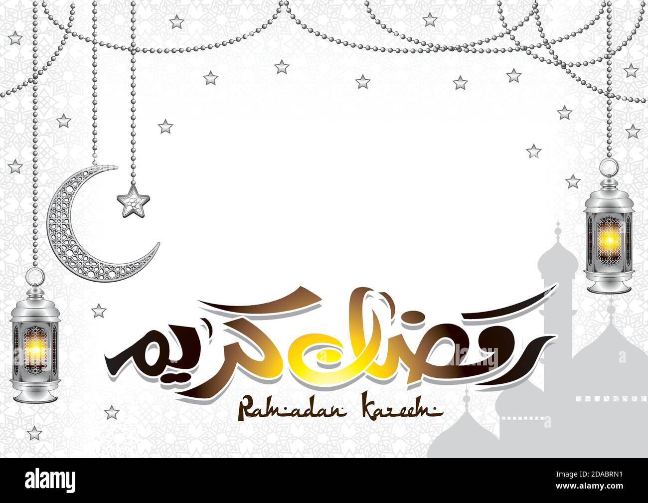 Carte de vœux à motif vectoriel de typographie Ramadan Kareem. Ramadan Moubarak. Traduit: Heureux et Saint Ramadan. Mois de jeûne pour les musulmans. Calligraphie arabe. Illustration de Vecteur