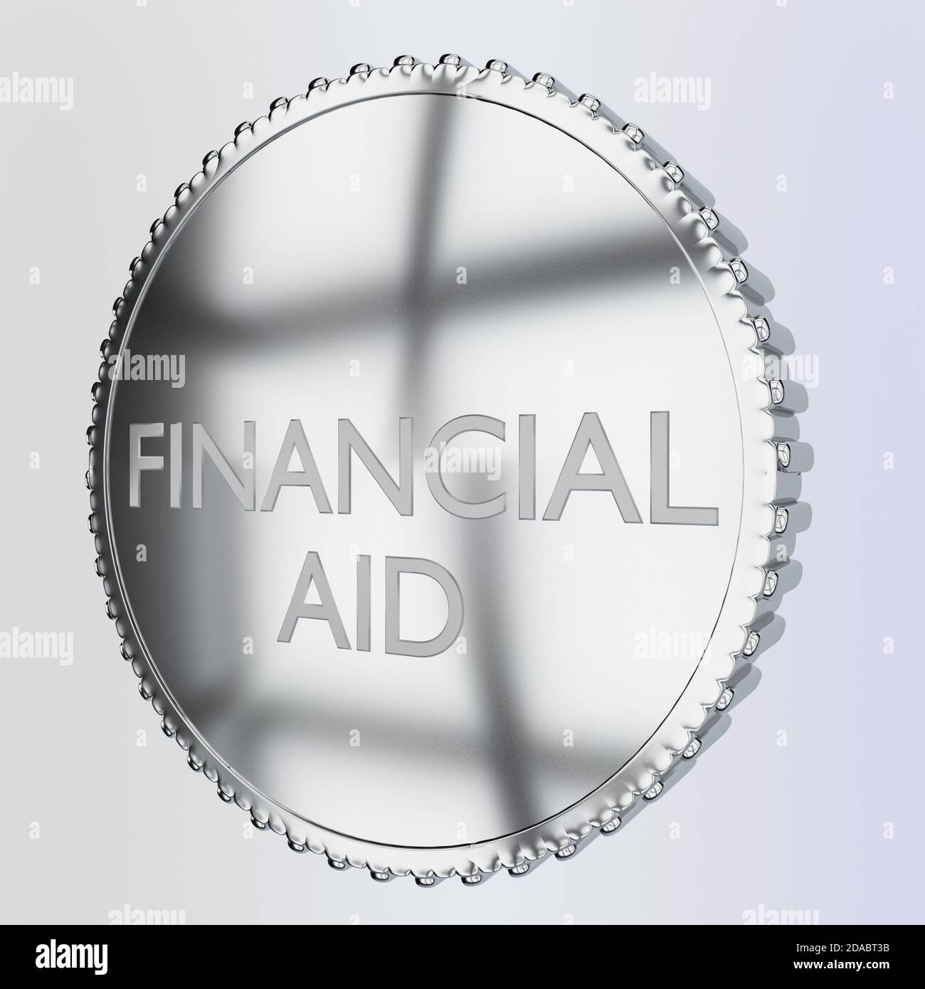 Illustration 3D du texte D'AIDE FINANCIÈRE sur une pièce en argent, isolée sur un dégradé gris-bleu pâle. Banque D'Images