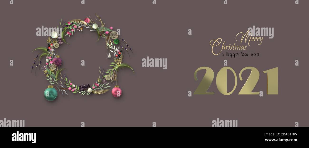 Noël nouvel an 2021 fond avec couronne de Noël 3D, boules, chiffre 2021 sur fond brun pastel. Texte doré Joyeux Noël Bonne Année. Illustration 3D horizontale. Copier l'espace, placer pour le texte Banque D'Images