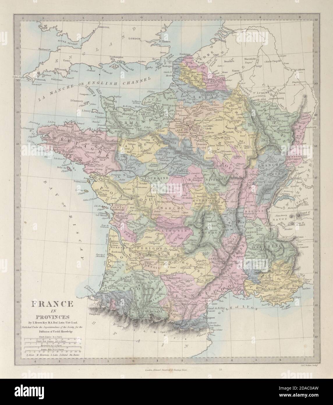 FRANCE montrant DES PROVINCES pré-révolutionnaires. Couleur originale de la main. Carte SDUK 1857 Banque D'Images