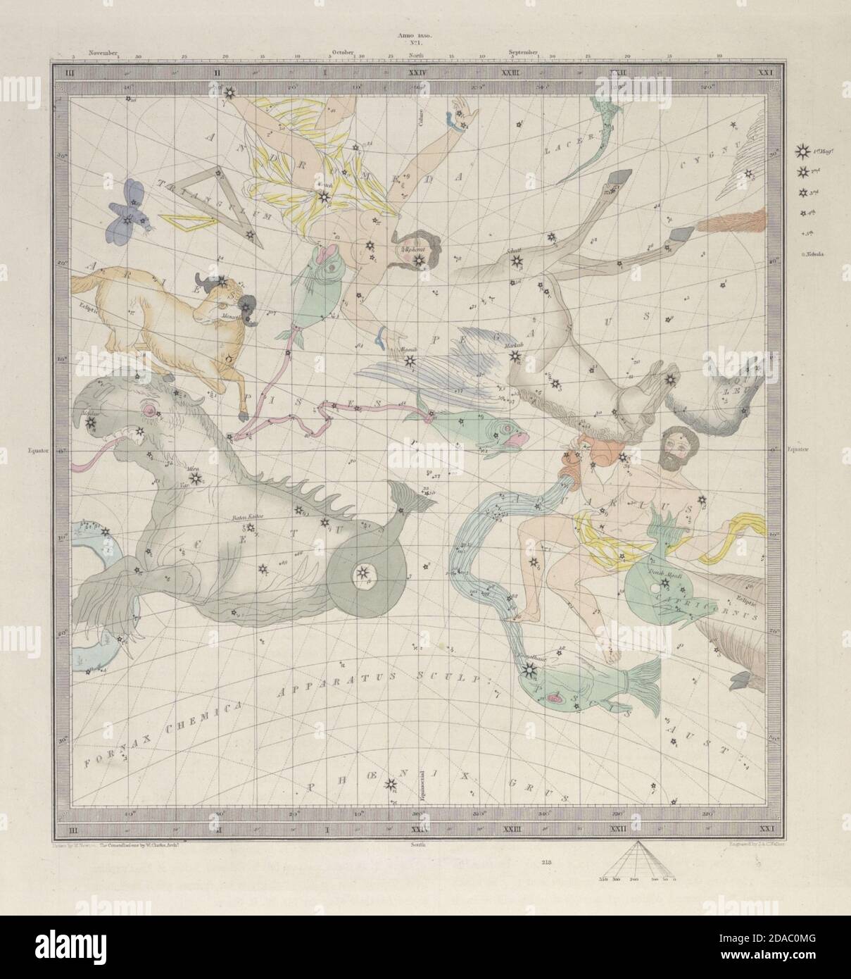ASTRONOMIE CÉLESTE. Carte des étoiles. Tableau des étoiles, I. Vernal Equinox. SDUK 1857 Banque D'Images