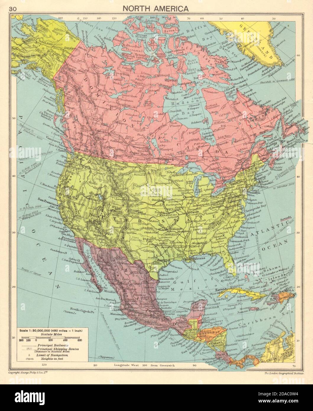 Amérique du Nord en 1943. Deuxième Guerre mondiale. ÉTATS-UNIS Canada Mexique 1943 ancienne carte d'époque Banque D'Images