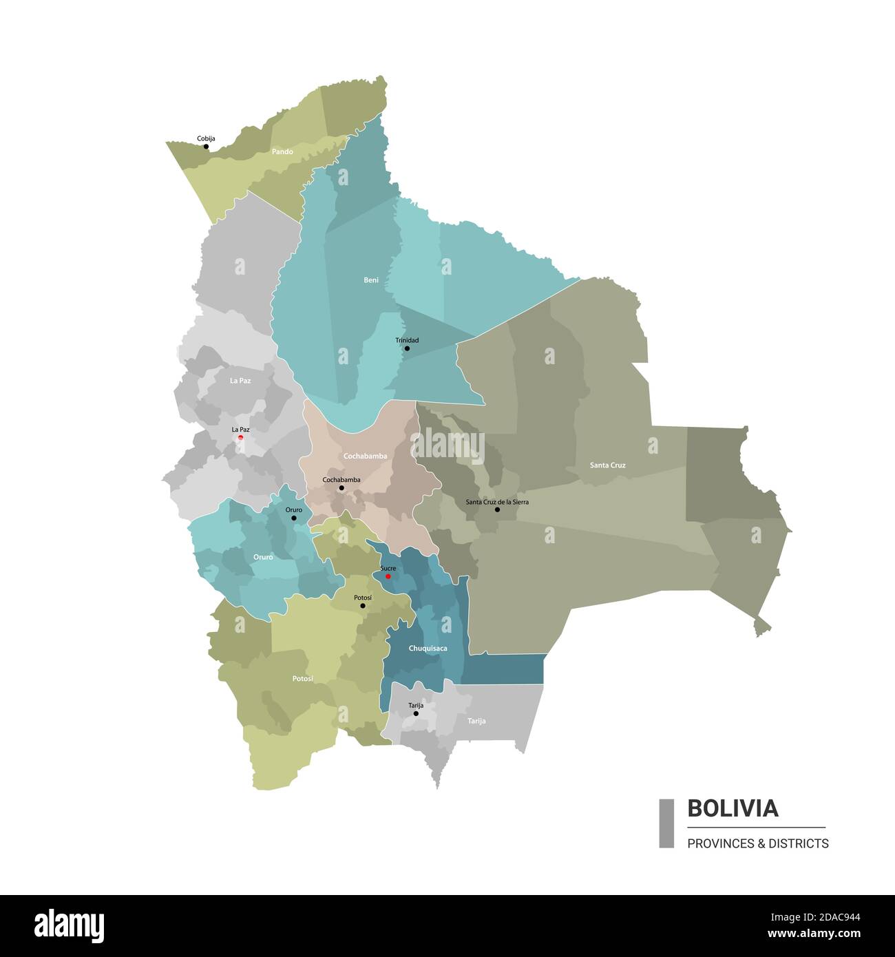 Bolivie higt carte détaillée avec subdivisions. Carte administrative de la Bolivie avec le nom des districts et des villes, coloré par les États et distri administratif Illustration de Vecteur