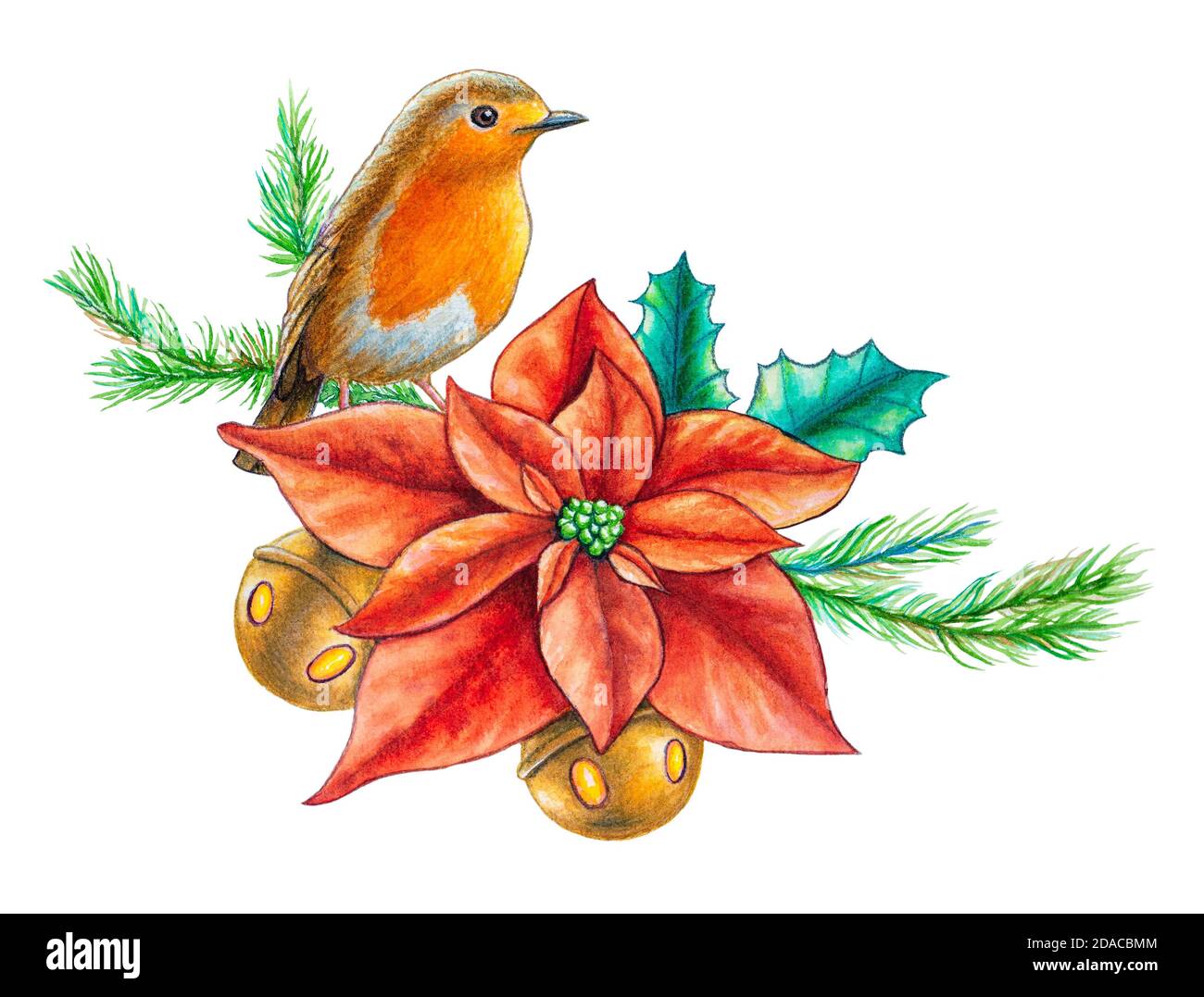 Composition de Noël aquarelle avec un robin européen. Illustration aquarelle traditionnelle. Banque D'Images