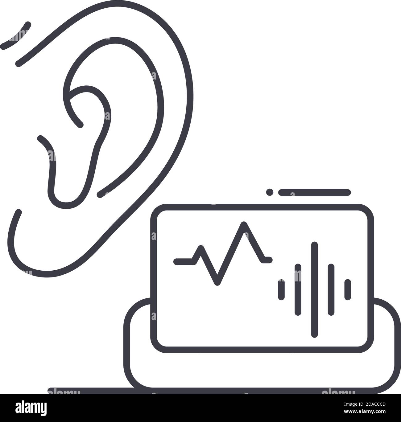 Icône d'examen d'audiogramme, illustration isolée linéaire, vecteur de ligne mince, signe de conception de Web, symbole de concept de contour avec contour modifiable sur blanc Illustration de Vecteur