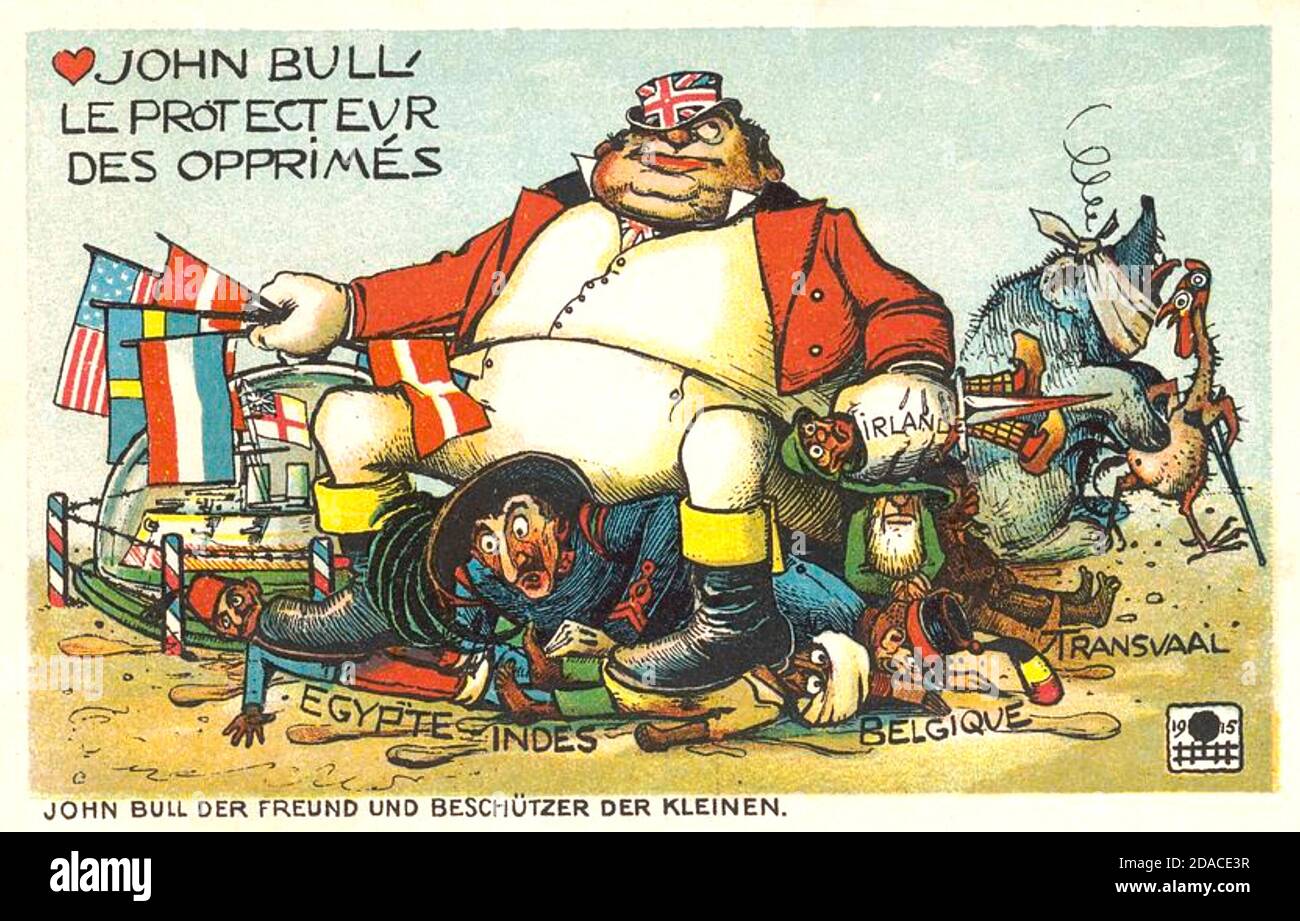 JOHN BULL comme un taureau dans une bande dessinée allemande de la première Guerre mondiale avec des additions françaises. L'Allemand dit: 'John Bull protecteur des petits' la version française a 'John Bull protecteur des opprimés' Banque D'Images