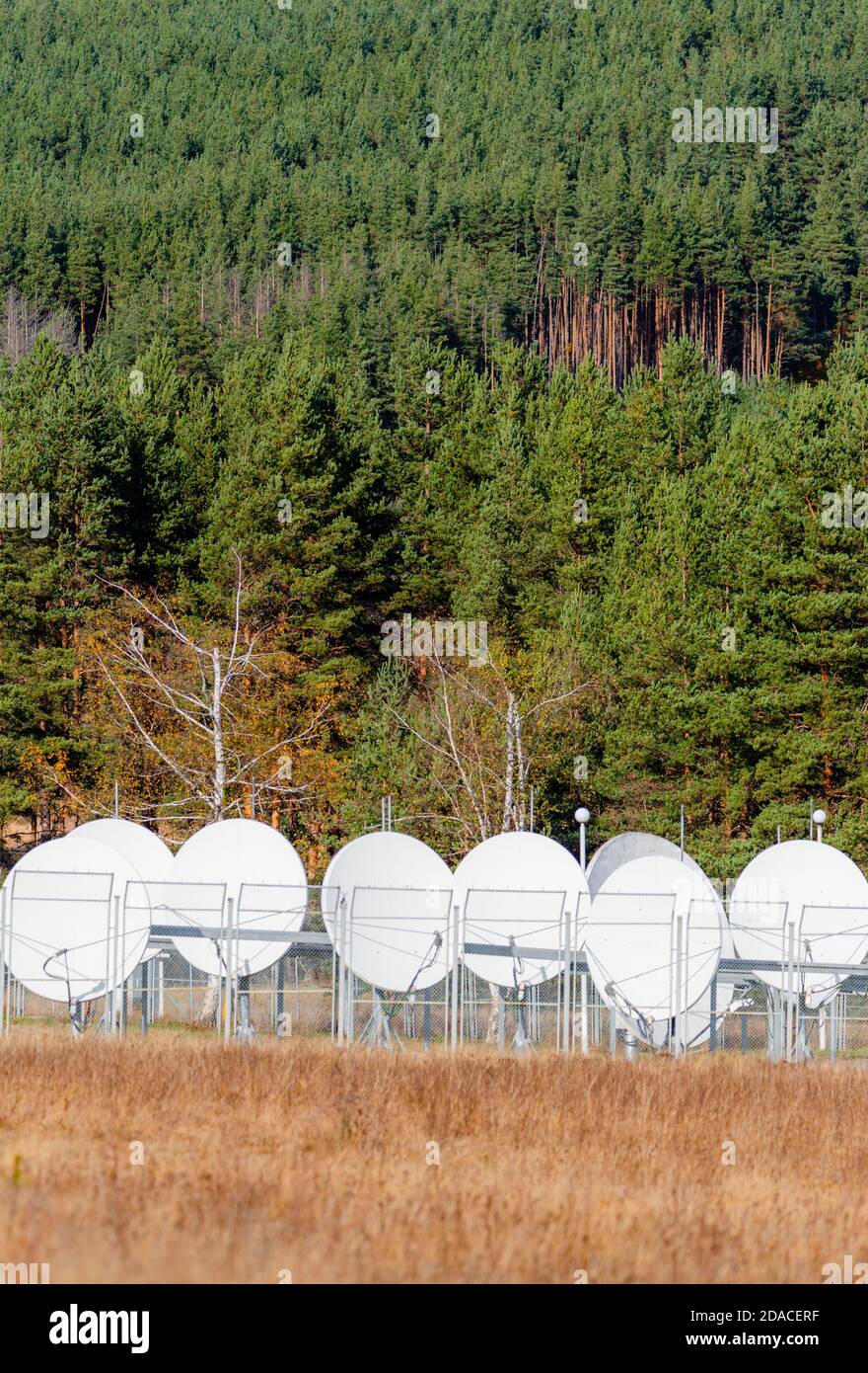 Cellule de base de communication par satellite avec réseau de paraboles, au milieu de la forêt d'automne dynamique rural moderne Banque D'Images