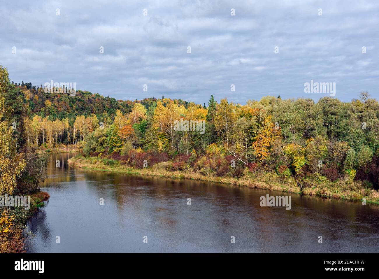 Vue sur le paysage de la rivière Gauja à Sugulda, Lettonie pendant l'automne doré Banque D'Images