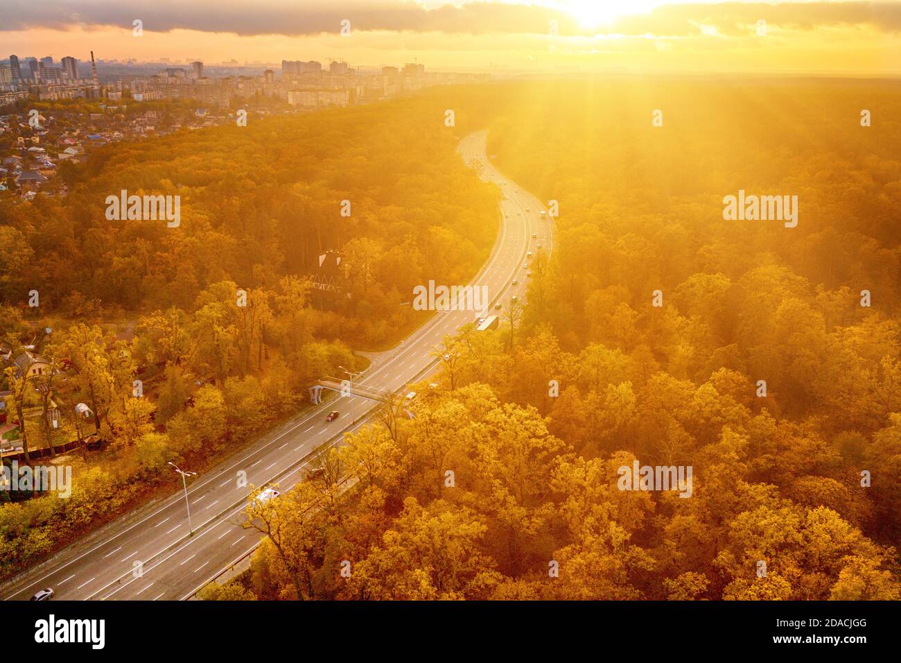 Vue de la route de voiture de l'autoroute à travers la forêt d'automne rouge d'en haut, Voyage aventure concept Banque D'Images