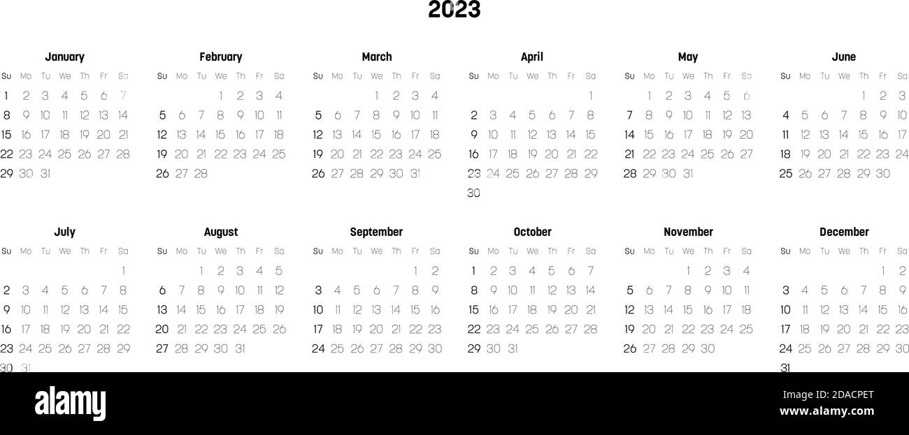 Calendrier En Colonne 2023 Calendrier Mensuel De L'année 2023. La Semaine Commence Le Dimanche. Bloc  De Mois En Deux Lignes Et Six Colonnes Disposition Horizontale. Design  Simple Et Minimaliste. Illustration Vectorielle Image Vectorielle Stock -  Alamy