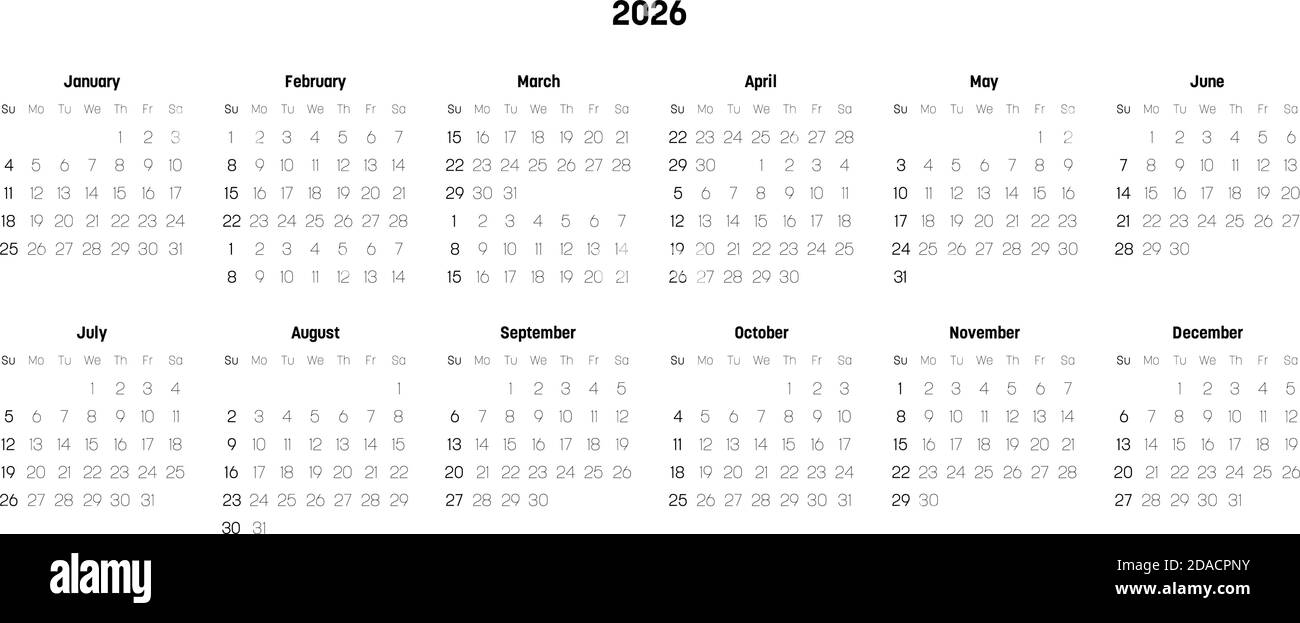 Calendrier mensuel de l'année 2026. La semaine commence le dimanche. Bloc de mois en deux lignes et six colonnes disposition horizontale. Design simple et minimaliste. Illustration vectorielle. Illustration de Vecteur
