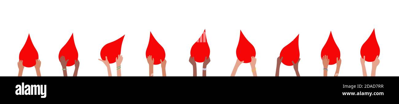 Donner la bannière de don de sang avec les mains des enfants tenant et donnant concept de don red drops Illustration de Vecteur