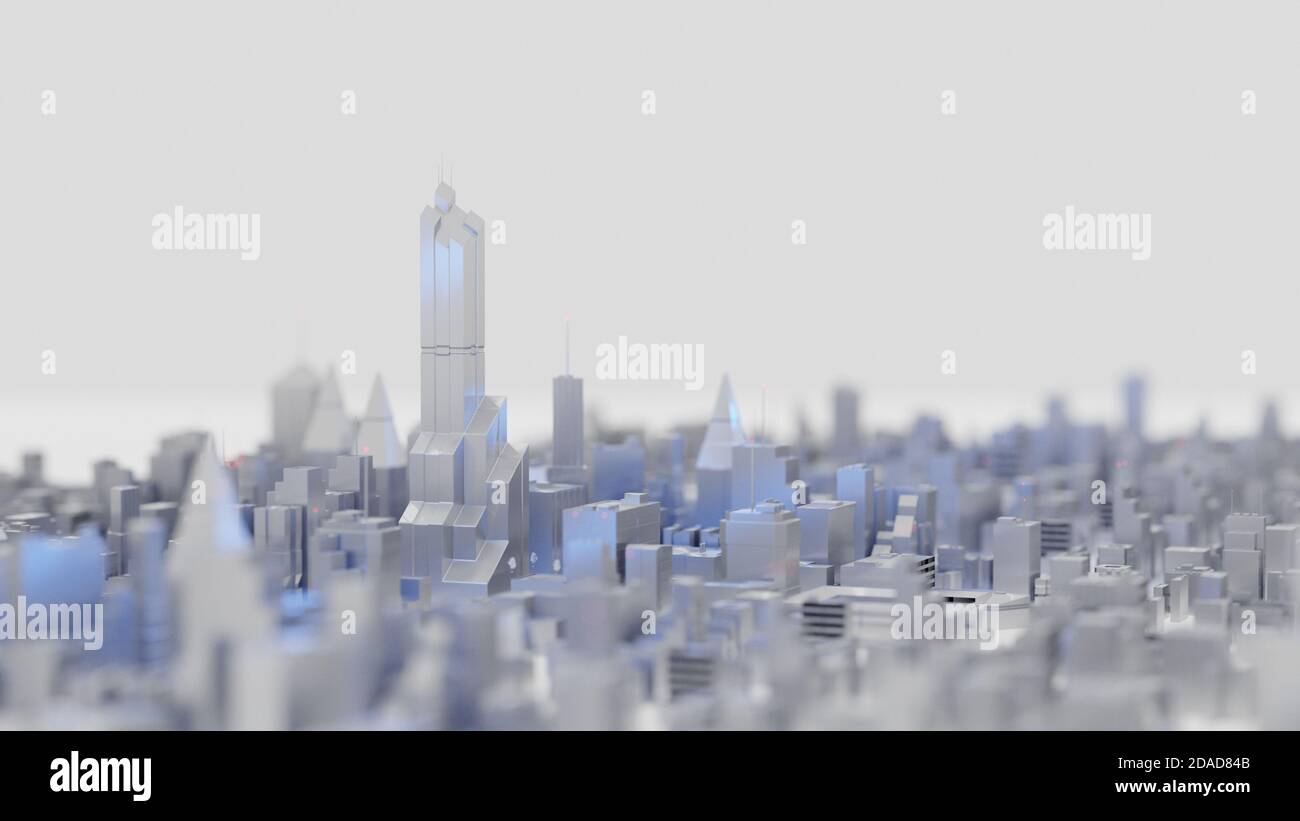 Une ville futuriste et nette avec une esthétique étincelante et épurée. Rendu 3D numérique. Banque D'Images Une ville futuriste et nette avec une esthétique étincelante et épurée. Rendu 3D numérique. Banque D'Images