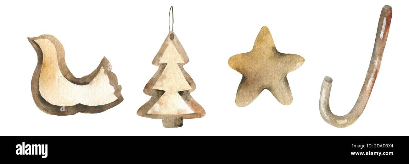 Motif sans couture de pain d'épice à l'aquarelle. Biscuits de Noël au pain d'épice. Décorations de Noël. Aquarelle illustration, . Banque D'Images