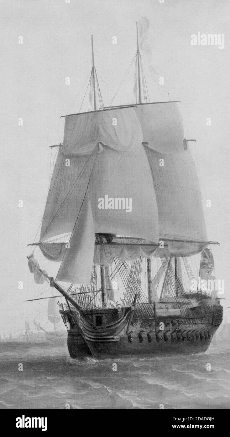 George III, HMS Southampton, examen de la flotte au large de Plymouth, 18 août 1789 « George III, HMS Southampton, examen de la flotte au large de Plymouth, 18 août 1789 ». Le Carnatic est montré juste à droite du centre de l'image, en tête de la ligne de navires en cours de révision. George III, dans le HMS 'Southampton', examinant la flotte au large de Plymouth, le 18 août 1789 Banque D'Images