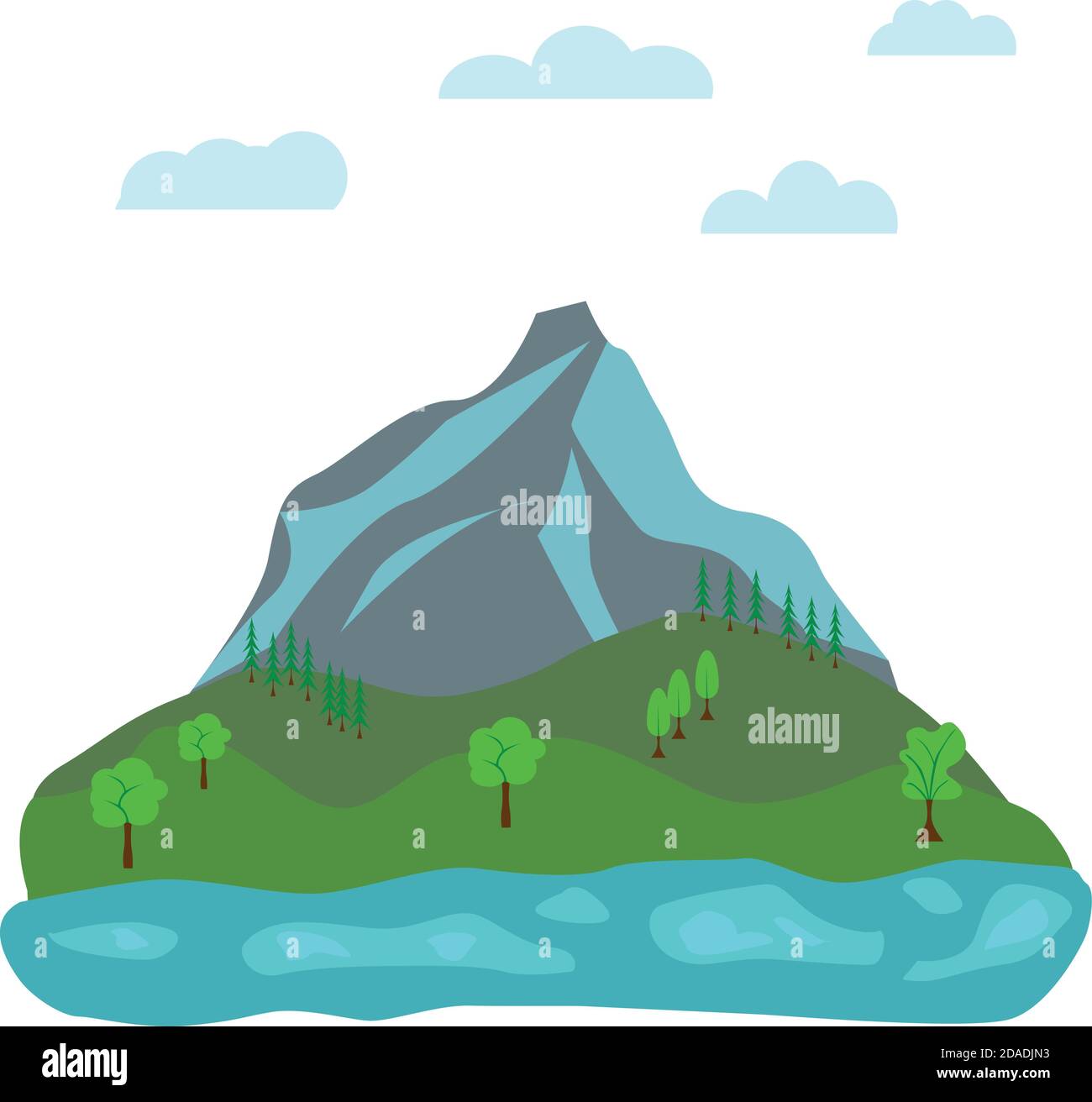 Conception de paysage de nature plate, avec montagne, champ vert et lac Illustration de Vecteur