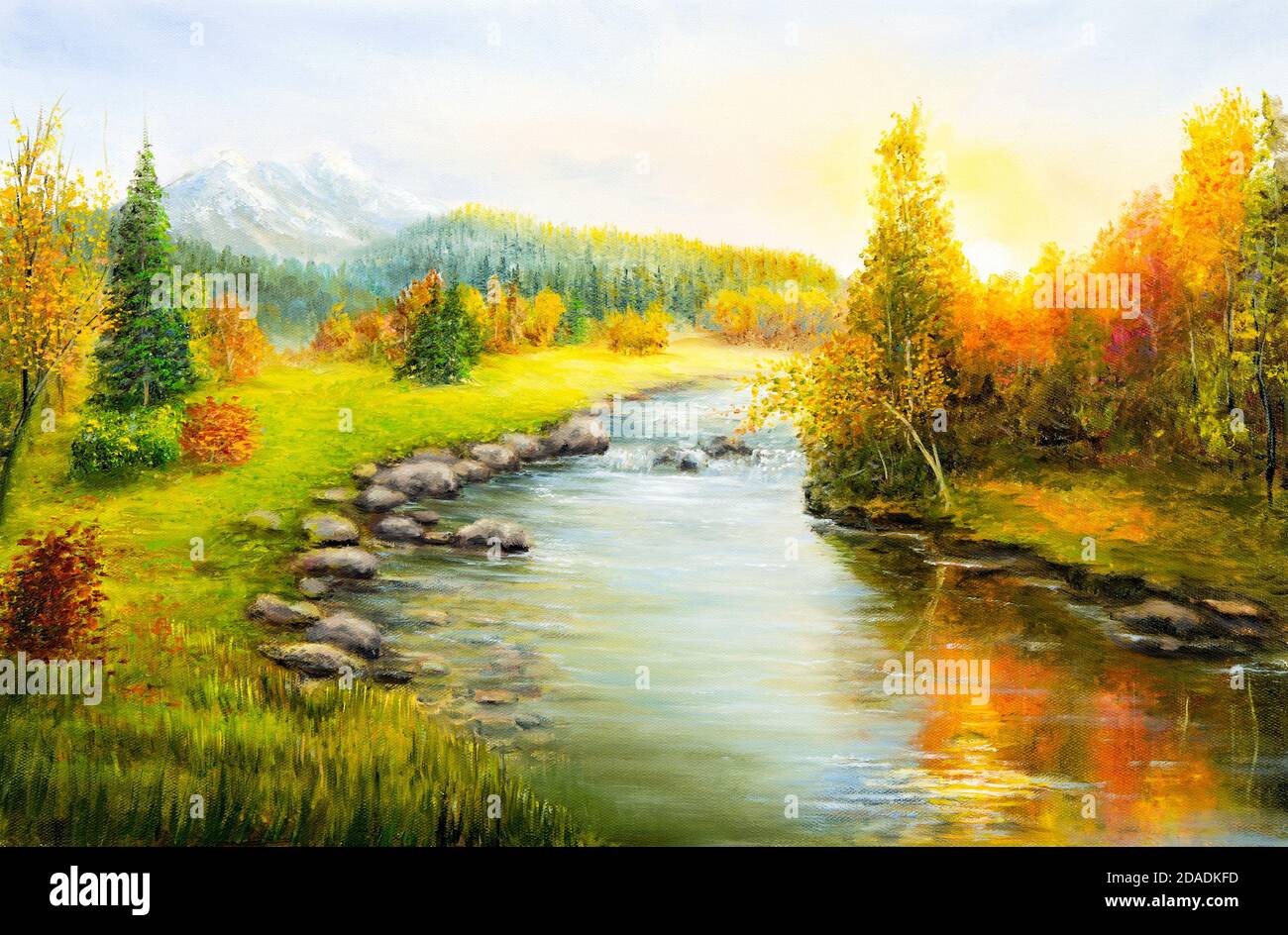 Peinture à l'huile originale de paysage d'automne magnifique, forêt, montagnes et rivière sur toile.Impressionnisme moderne, modernisme, marinisme Banque D'Images