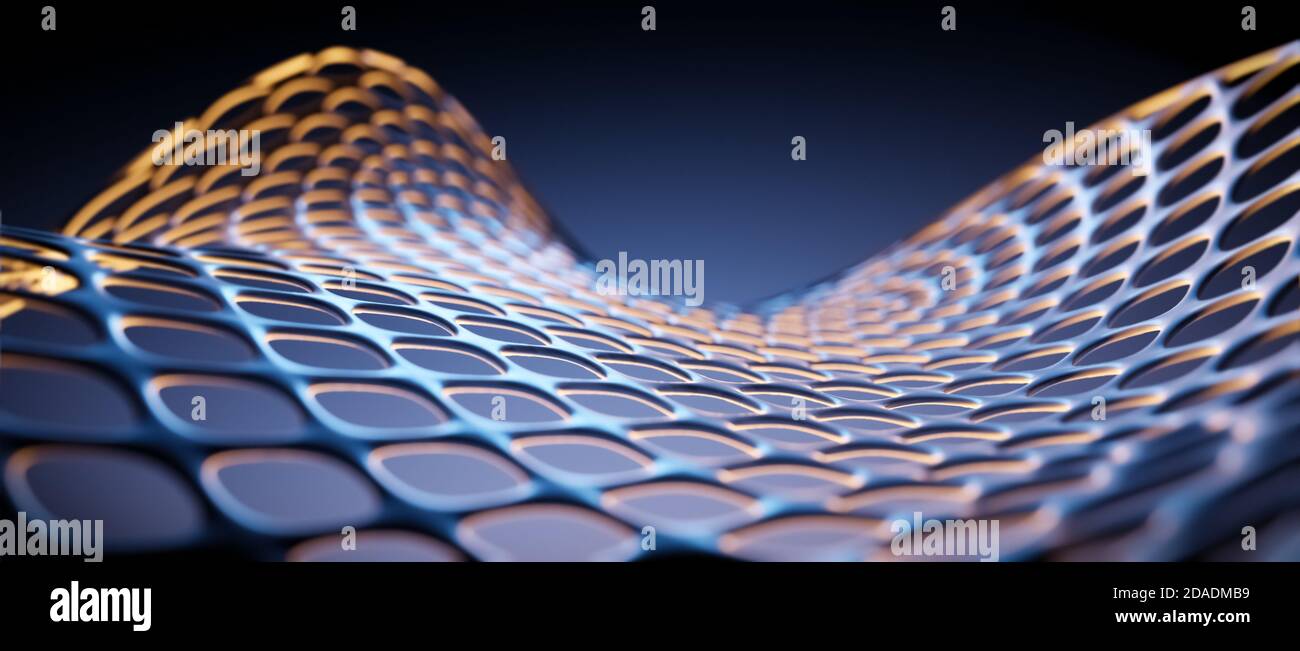 Papier peint abstrait d'objet incurvé ou curvy, arrière-plan, filet métallique flottant ou grille, bleu, jaune, lumière dorée, illustration de rendu 3D Banque D'Images