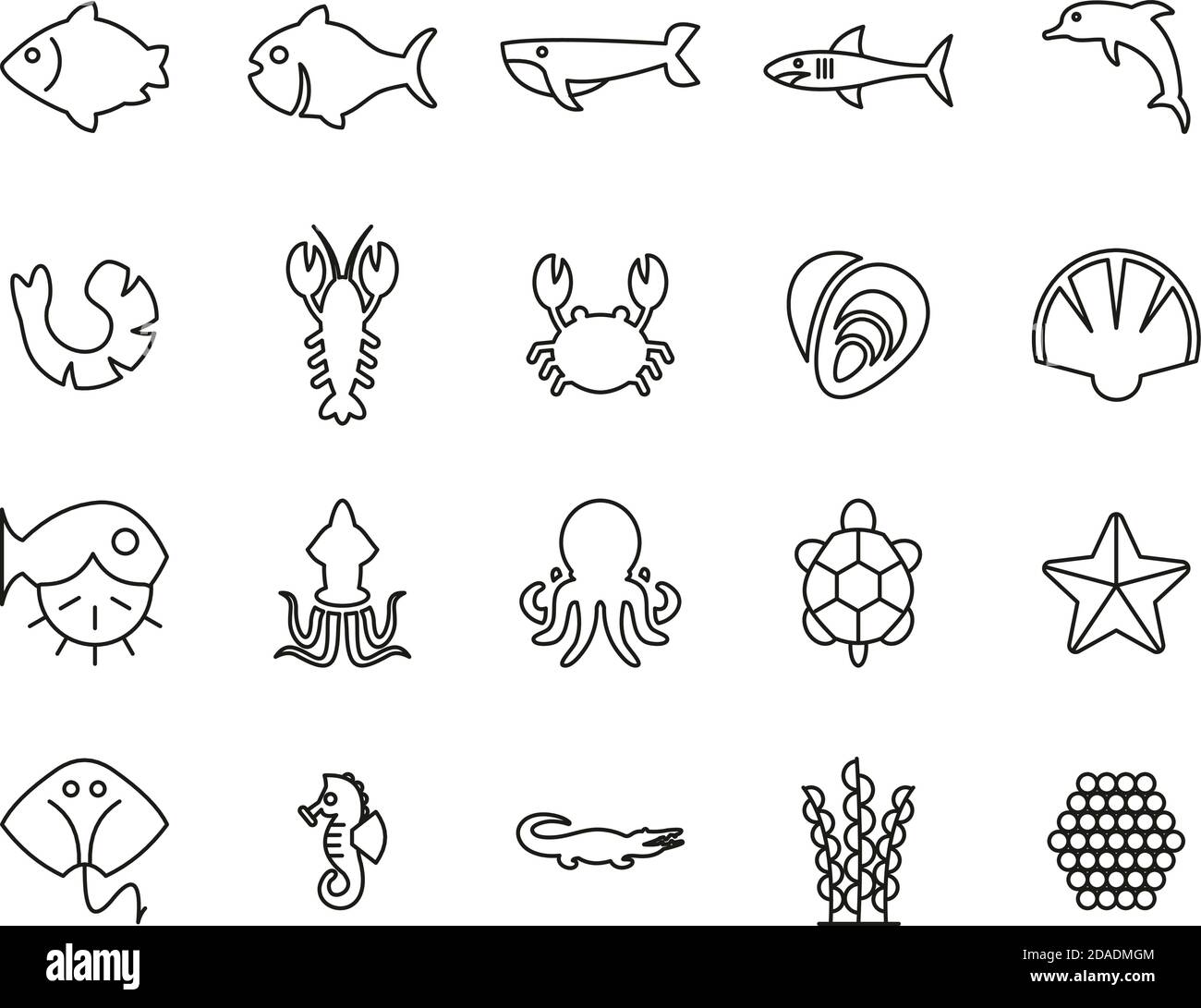 Sea Life & Seafood Icons ligne fine noir et blanc Définir grand Illustration de Vecteur