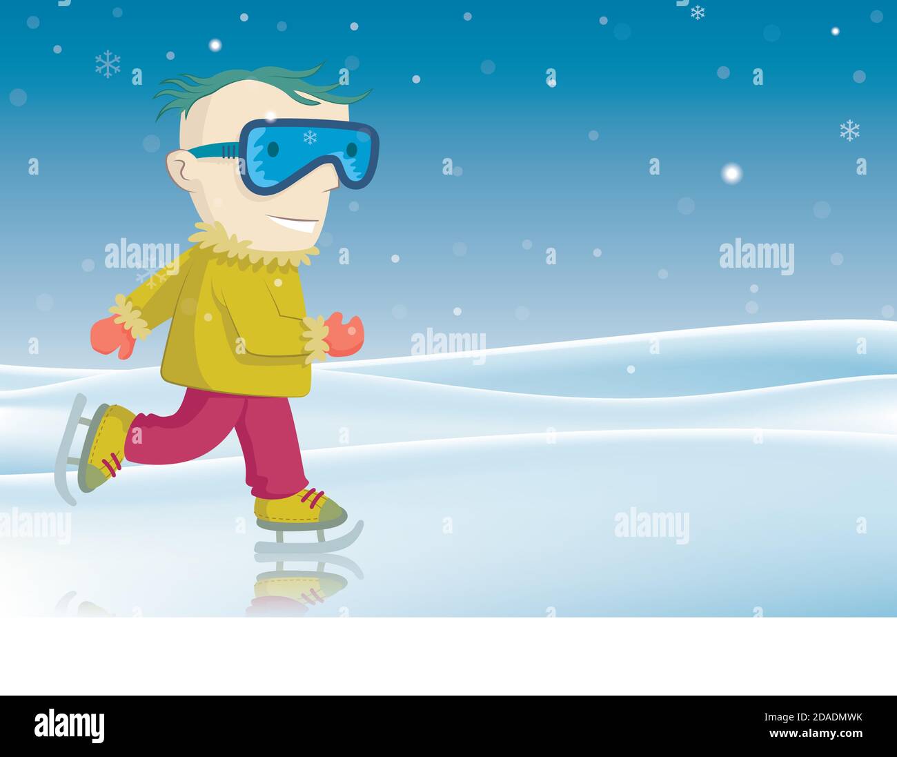 Illustration vectorielle d'un petit garçon patinage sur glace. Il neige. Illustration de Vecteur