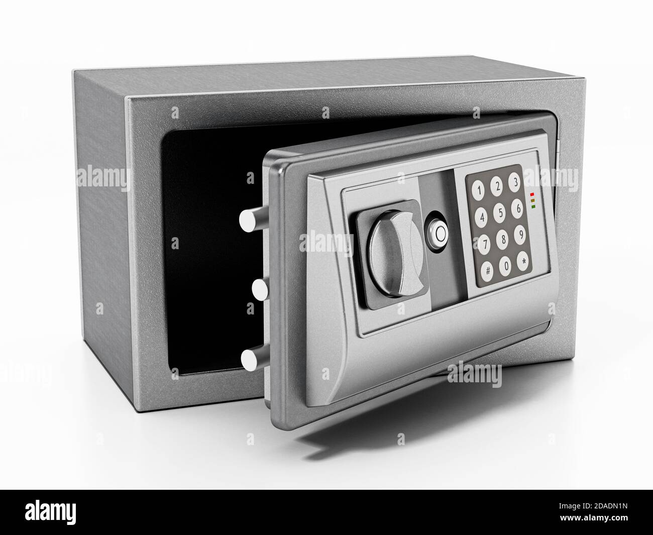 Coffre-fort en acier avec porte ouverte isolé sur fond blanc. 3D illustration. Banque D'Images