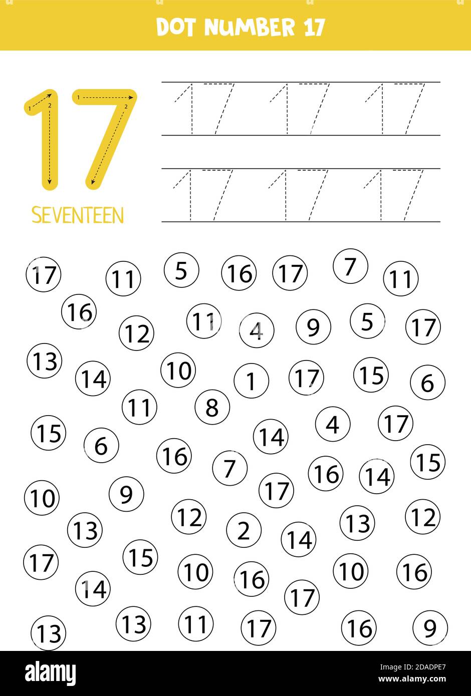 Rechercher et colorer le numéro 17. Jeu de mathématiques pour enfants. Illustration de Vecteur