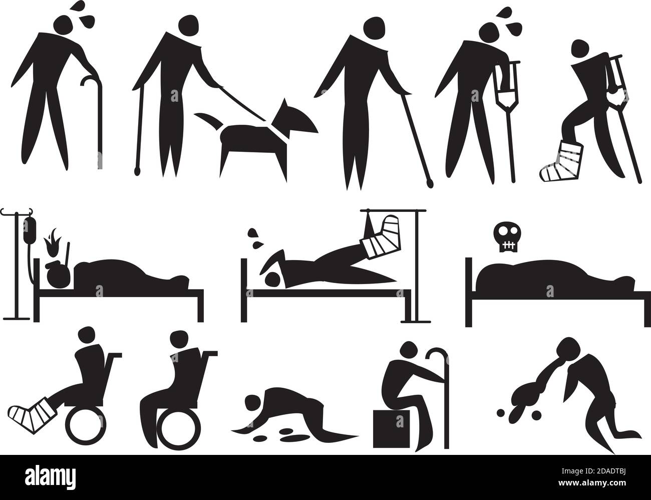 Illustration vectorielle des personnes souffrant de maladie, de handicap et de souffrance. Ensemble d'icônes conceptuelles. Illustration de Vecteur