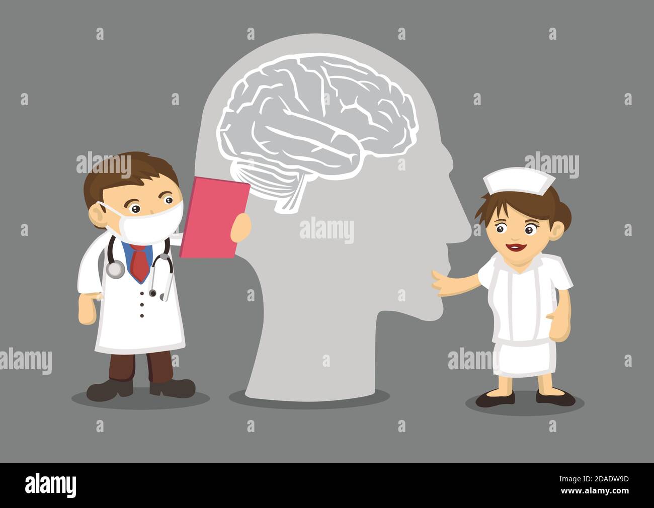 Le médecin et l'infirmière discutent de la tête du cerveau ensemble. Psychologie ou concept de santé mentale. Illustration vectorielle Illustration de Vecteur