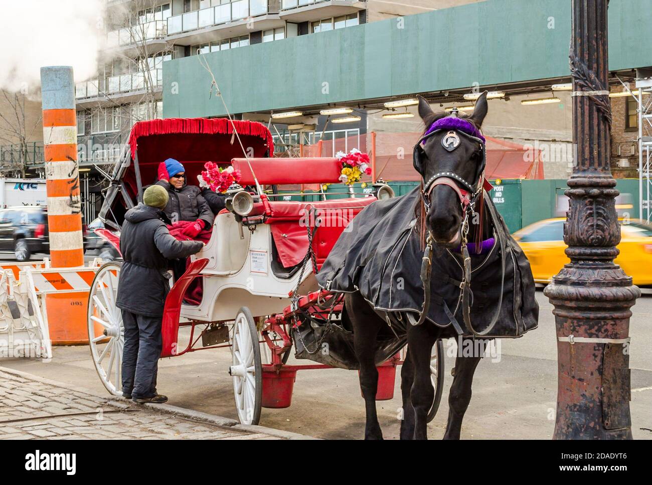 Chariot tiré par des chevaux à Central Park, Manhattan. Le propriétaire est sur le point de prendre un couple pour un tour Banque D'Images