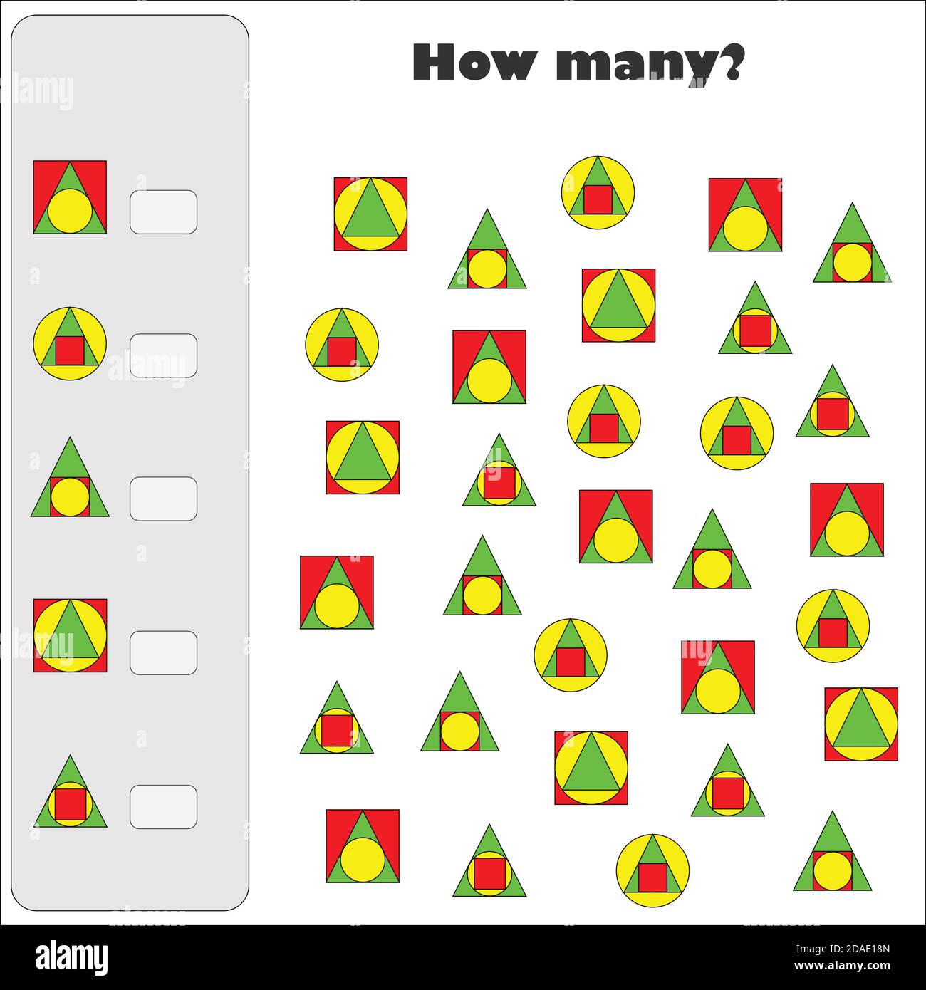 Combien de jeu de comptage avec des formes géométriques pour les enfants, tâche pédagogique de mathématiques pour le développement de la pensée logique, activité de feuille de travail préscolaire Illustration de Vecteur
