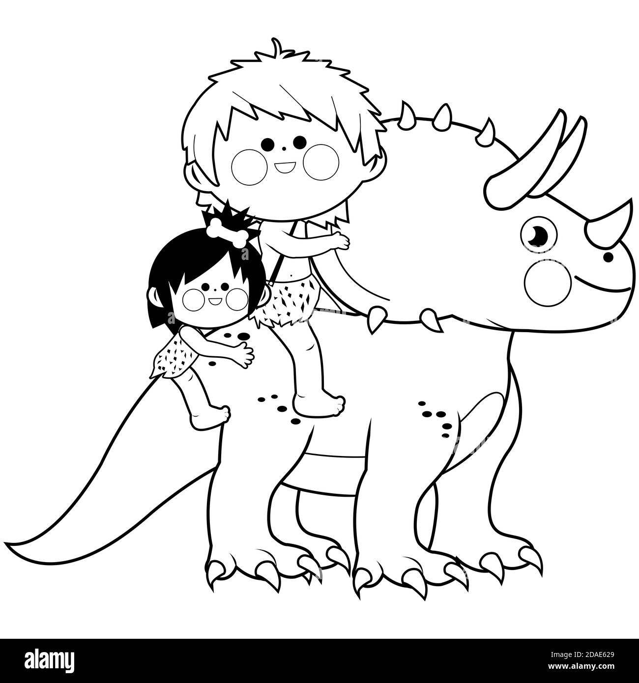 Enfants à cheval sur un animal préhistorique de triceratops. Page de couleur noir et blanc Banque D'Images