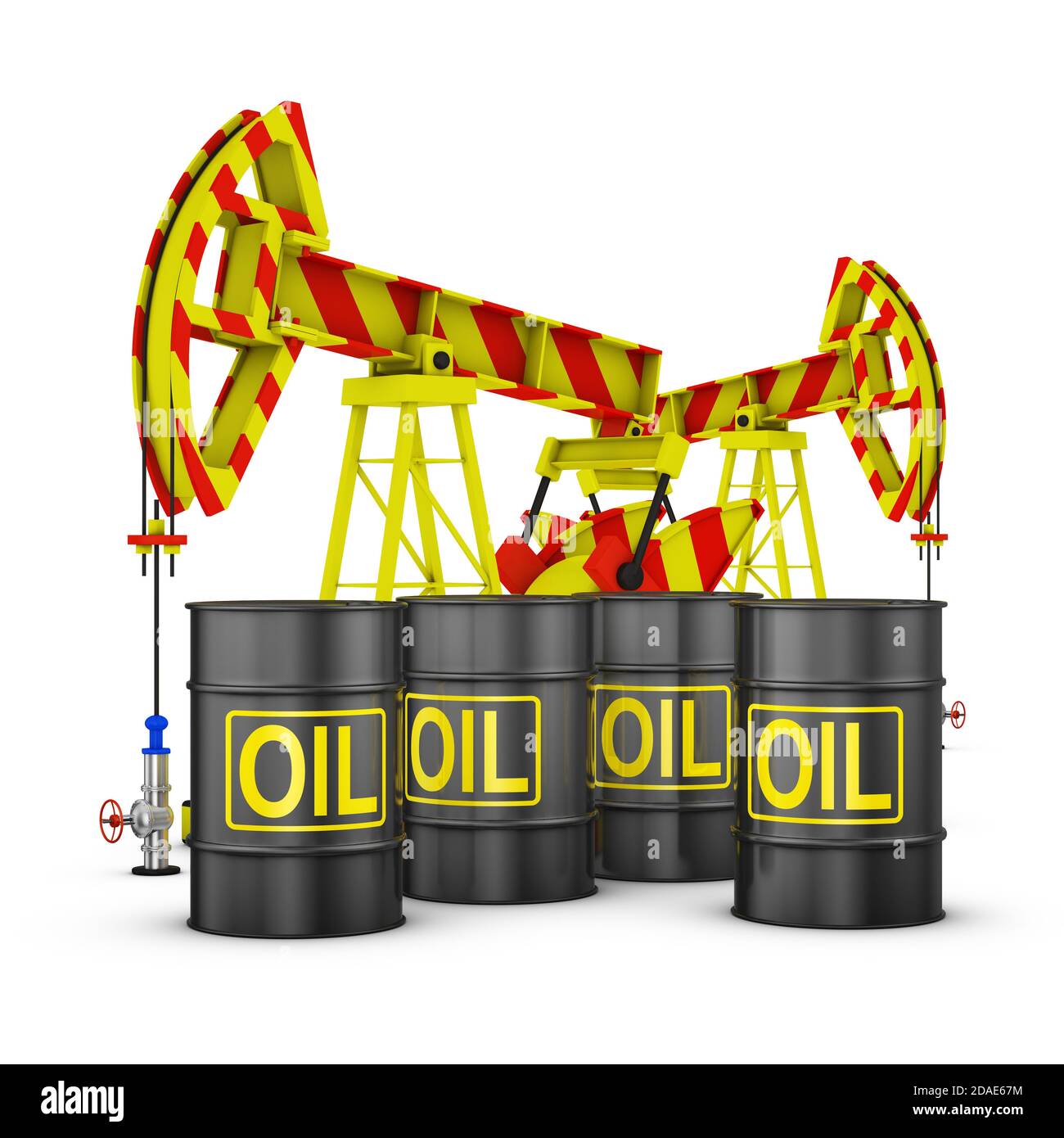 Barils de pétrole et pompes sur fond blanc. rendu 3d. Banque D'Images