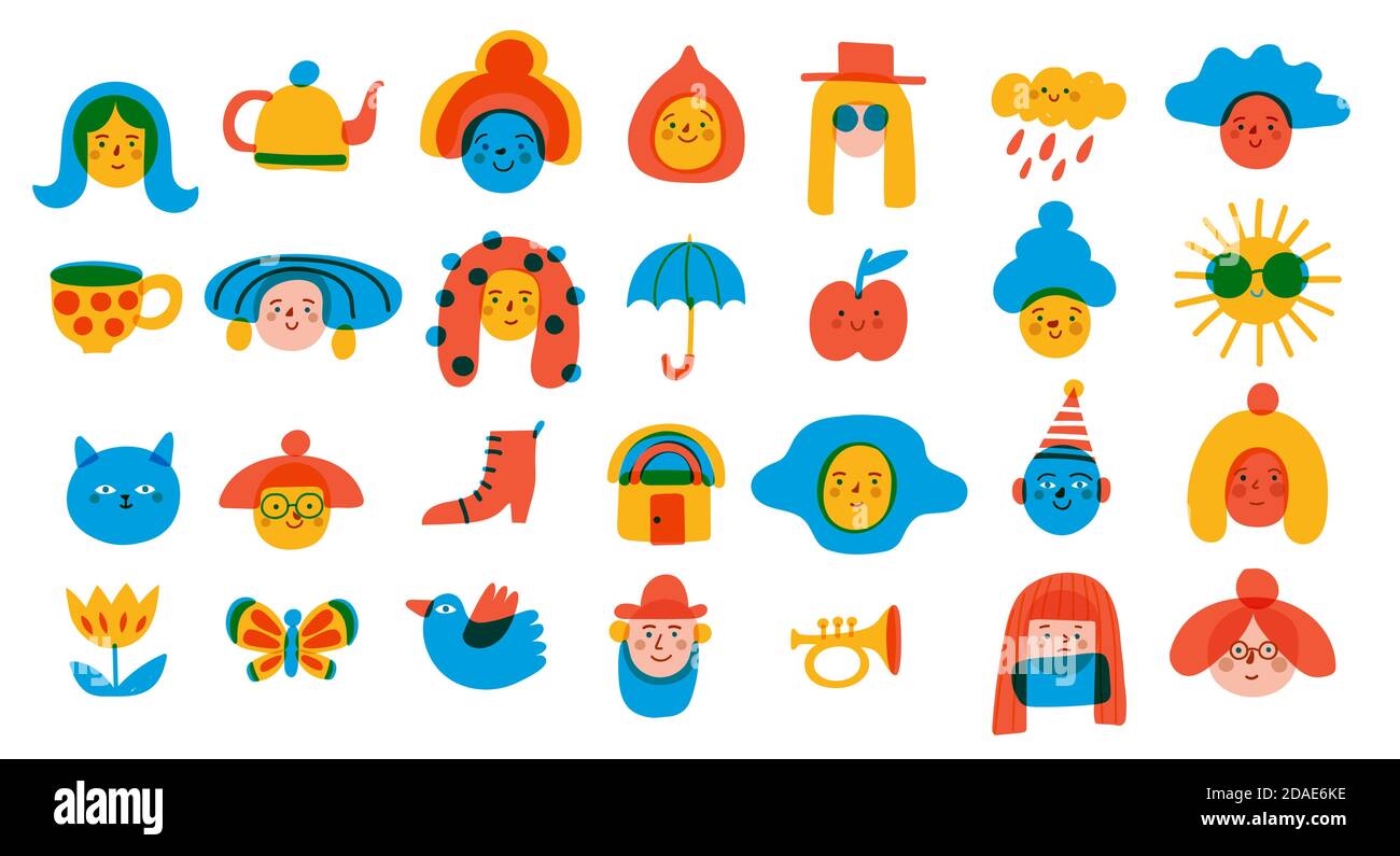 Logos et icônes avec des personnes et des objets dans une esquisse naïve style Illustration de Vecteur
