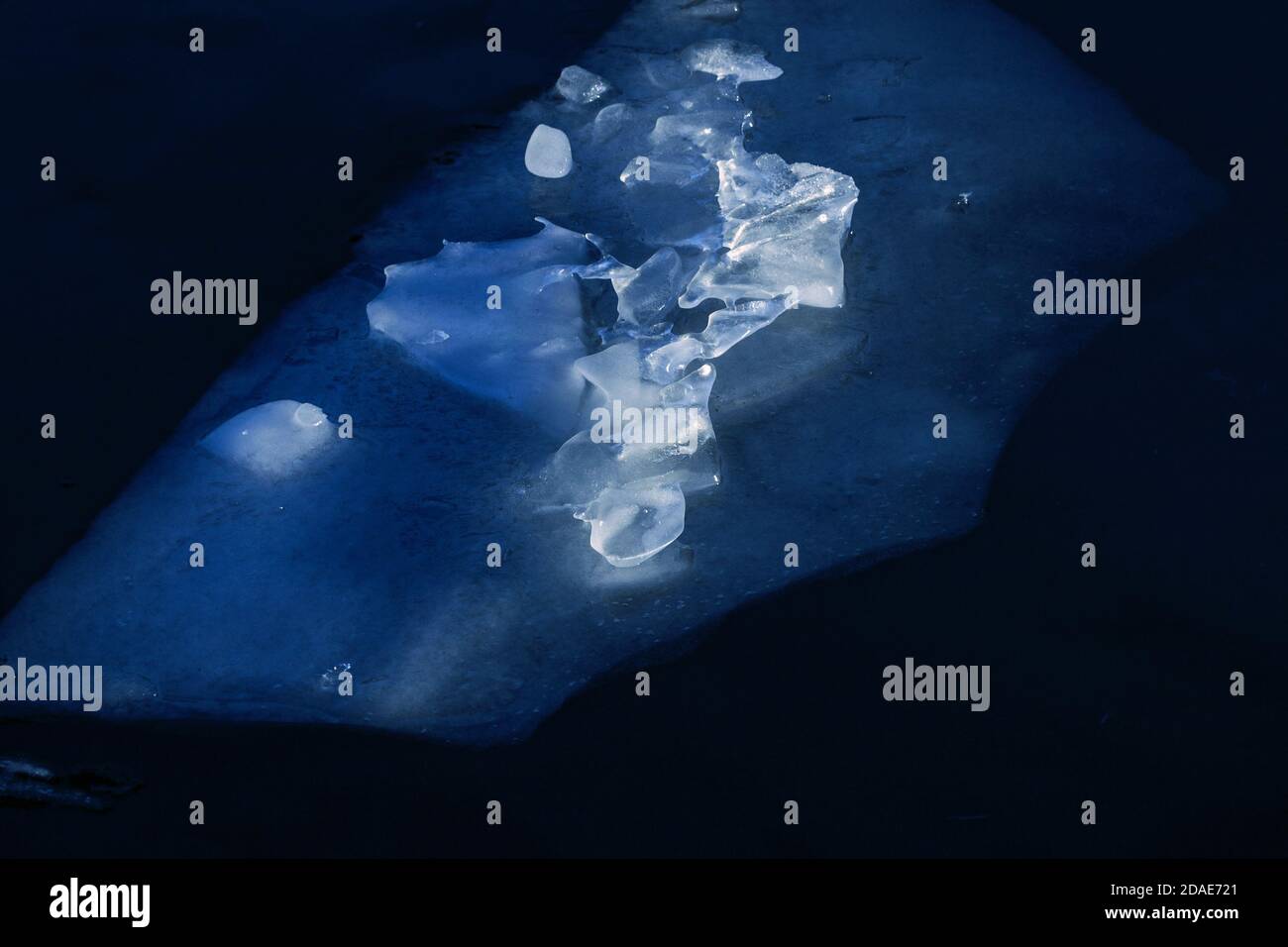 Bleu magnifique floes de glace dans l'eau sombre d'hiver Banque D'Images