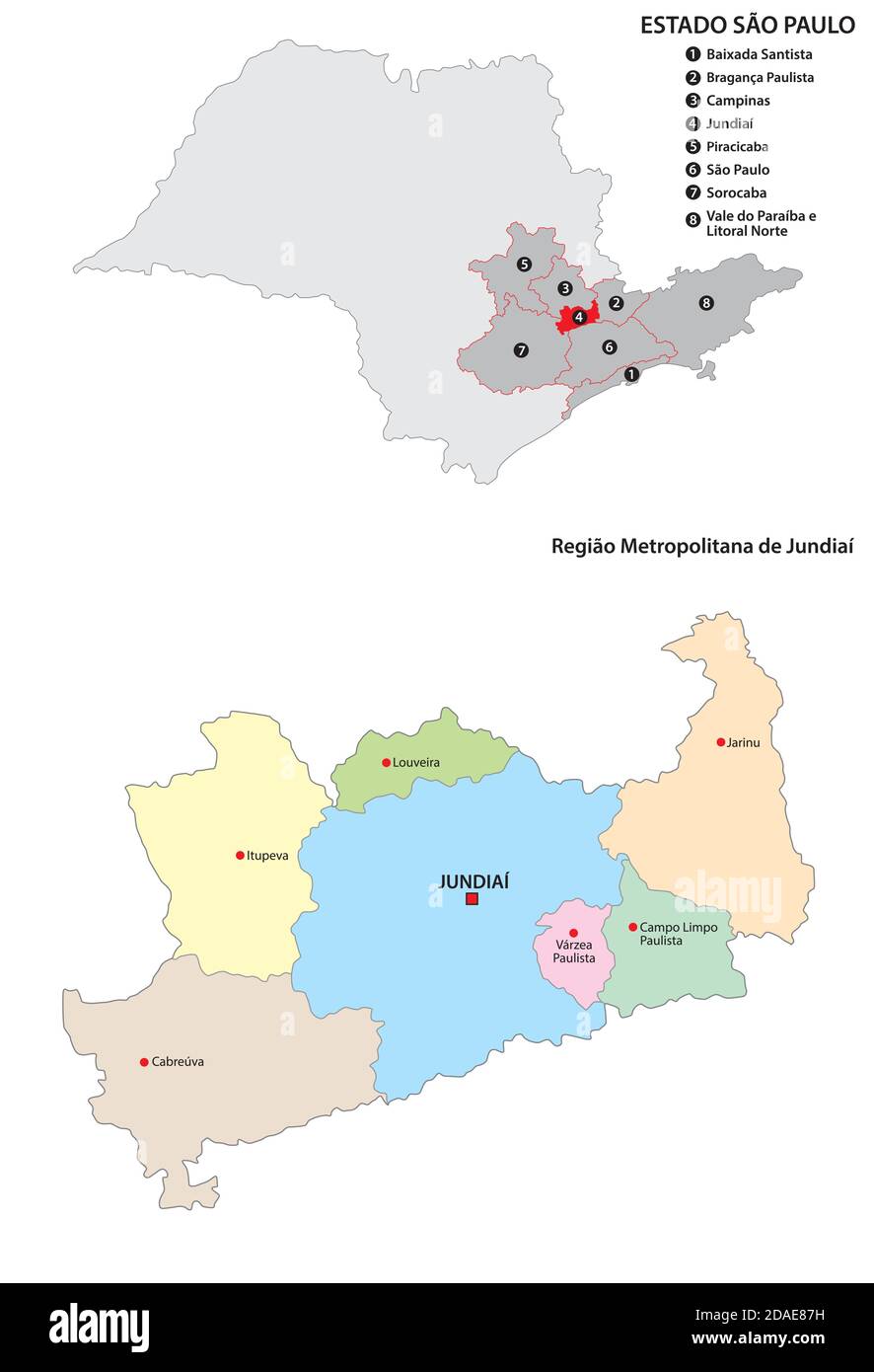 Carte vectorielle administrative de la région métropolitaine de Jundiai, Brésil Illustration de Vecteur