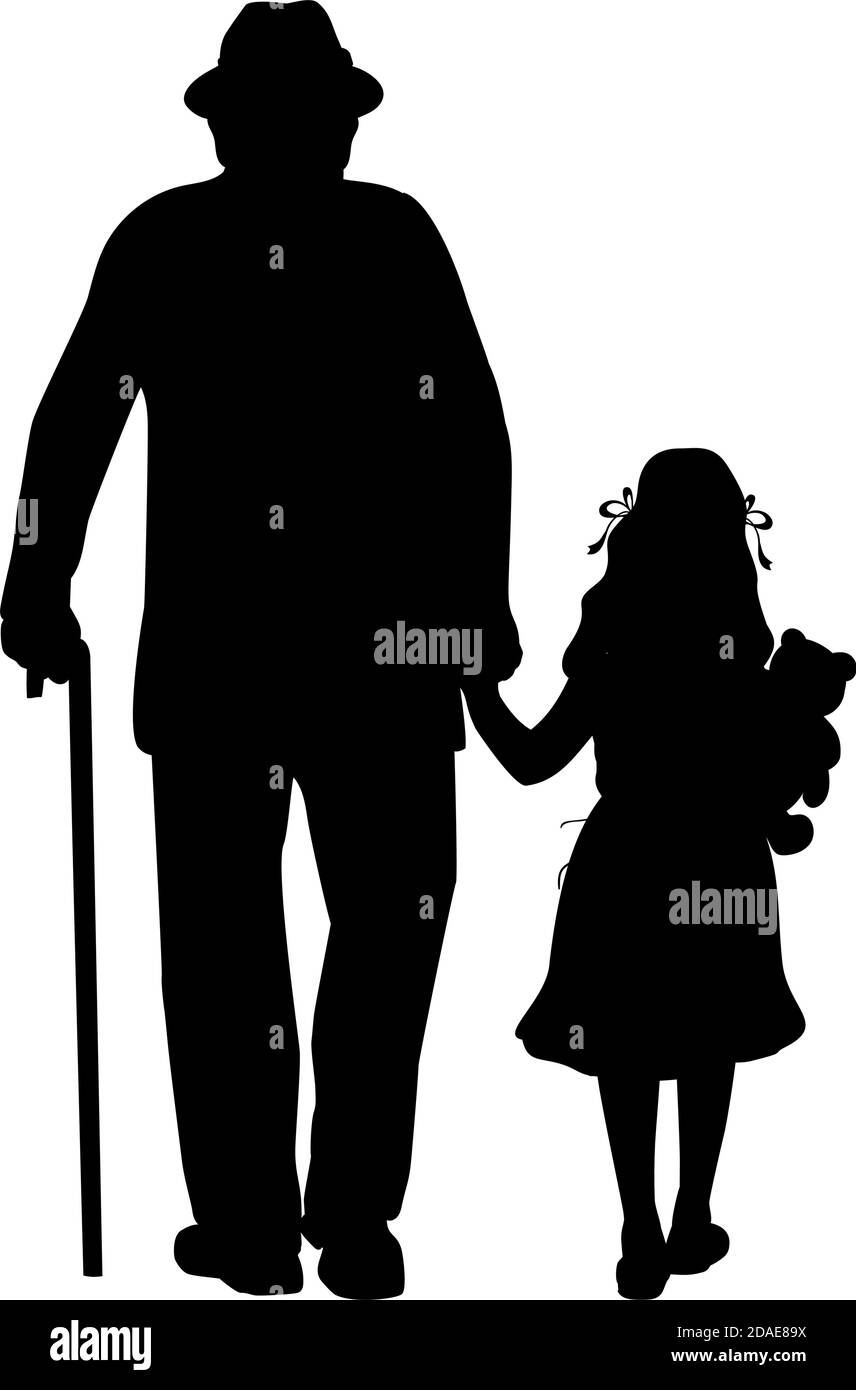 Silhouette de grand-père marchant avec la petite-fille Illustration de Vecteur