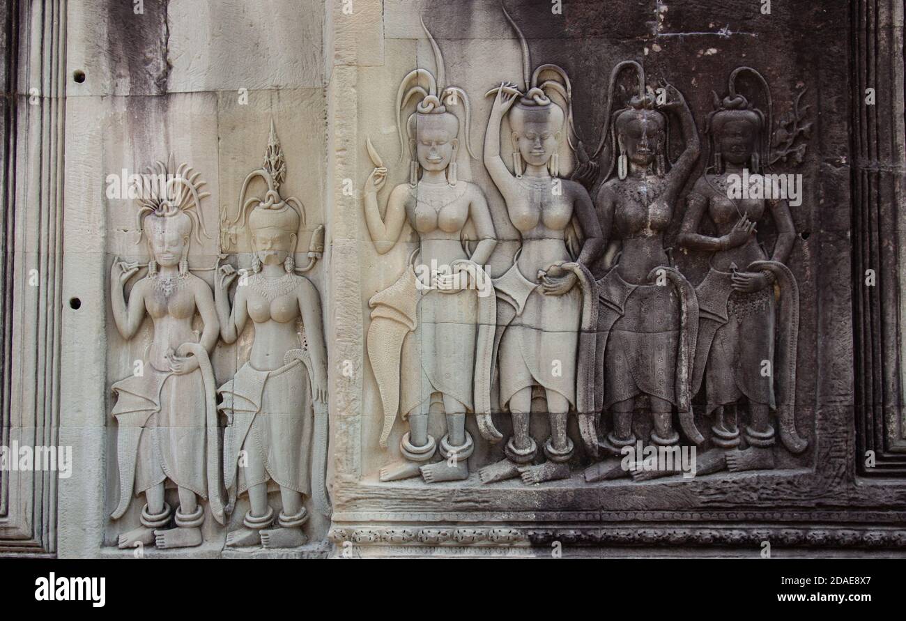 Sculpture de grès APSARA à Angkor Wat, Siem Reap, Cambodge Banque D'Images