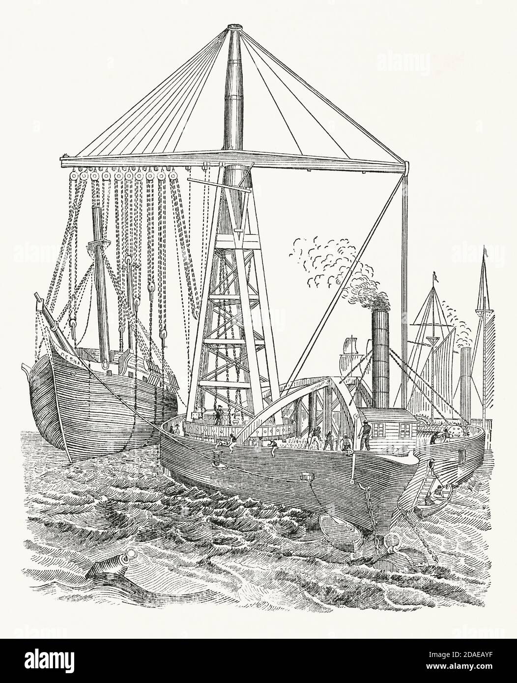 Une vieille gravure montrant le derrick flottant de Bishop c.1850. Il est issu d'un livre victorien d'ingénierie mécanique des années 1880. Dans cette illustration, le grand derrick à vapeur soulève un autre navire. C'était un bateau à fond plat, construit par la Thames Iron Shipbuilding Company de Blackwall, Londres, Angleterre, Royaume-Uni pour élever des navires en contrebas. Il avait une longueur de 270 pieds et une poutre de 90 pieds. Les compartiments étanches peuvent être remplis d'eau de mer pour compenser tout poids du côté opposé du bateau lors du levage. Les derricks montés sur des navires dédiés sont également appelés pieds de mouton. Banque D'Images