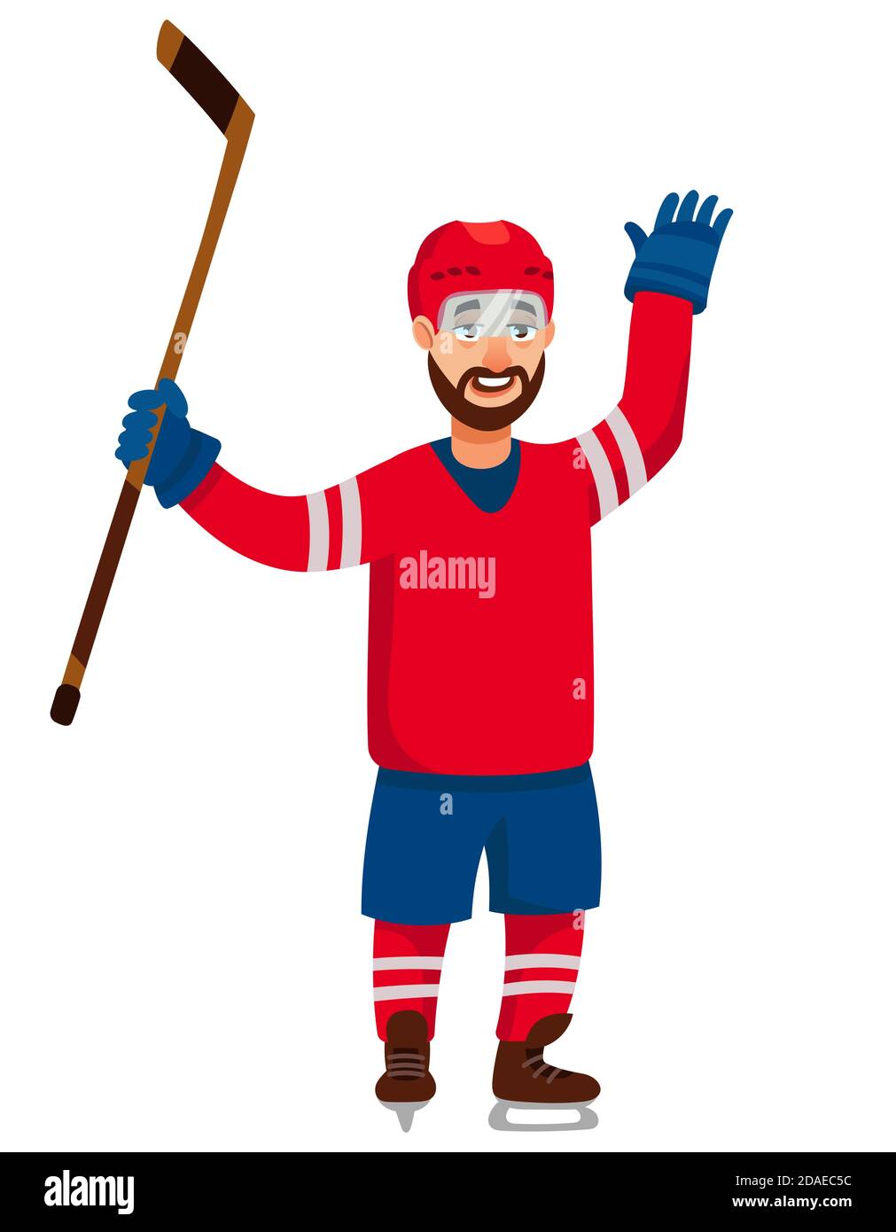 Réjouissez-vous du joueur de hockey. Personnage masculin de style dessin animé. Illustration de Vecteur