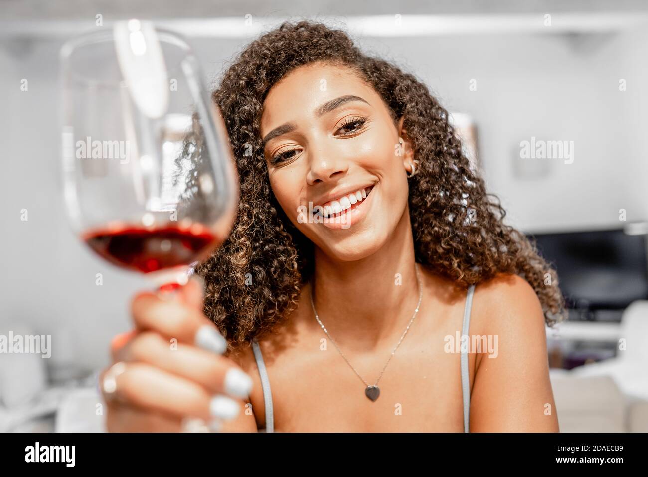 Happy Young hispanique brunette brunette brunette toasting avec un verre de vin rouge Regarder la caméra dans la vidéoconférence - beau femme noire assise à liv Banque D'Images