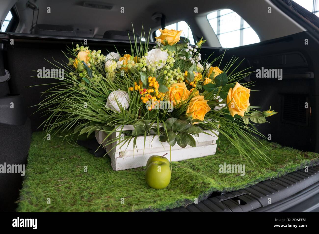 Des pommes et un panier de fleurs de rose sont dans le coffre ouvert d'une voiture. Banque D'Images