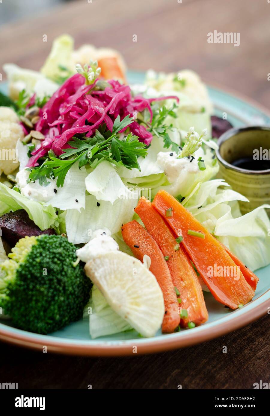 salade rustique de cottage avec des légumes frais et cuits à la vapeur sur une assiette colorée Banque D'Images