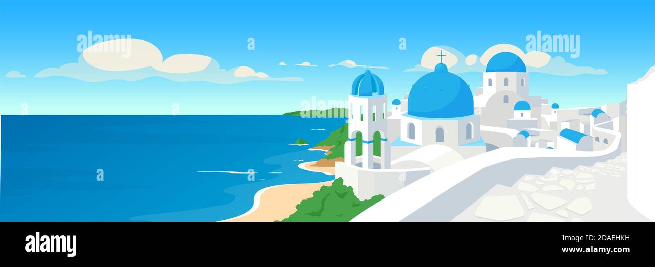 Illustration vectorielle de couleur plate de ville côtière grecque Illustration de Vecteur