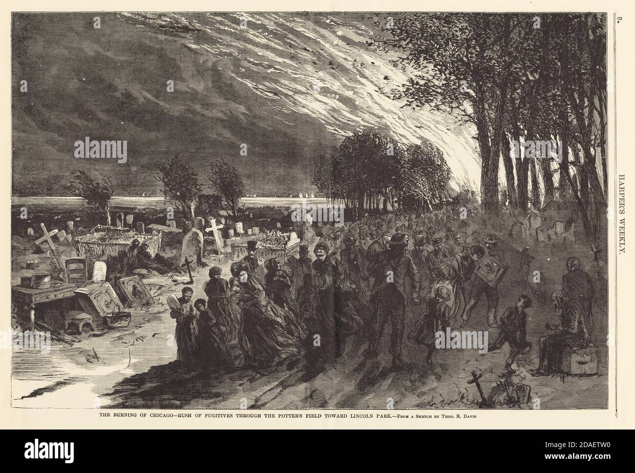 Illustration de Harper's Weekly présentant des réfugiés à Lincoln Park pendant le feu de Chicago de 1871. Banque D'Images
